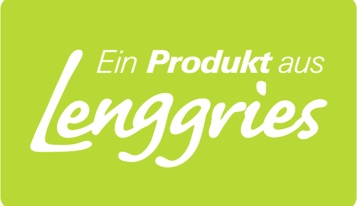 Abgebildet ist das Herkunftszeichen von Lenggries. Es besteht aus einem weißen Schriftzug "Ein Produkt aus Lenggries" auf hellgrünen Hintergrund. 