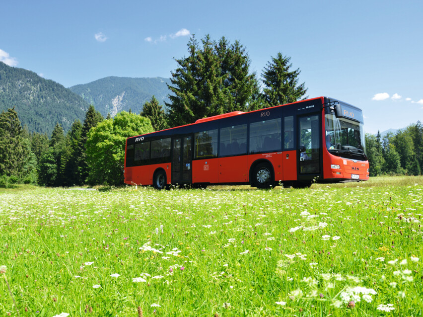 Bergbus in einer Wiesen- und Berglandschaft