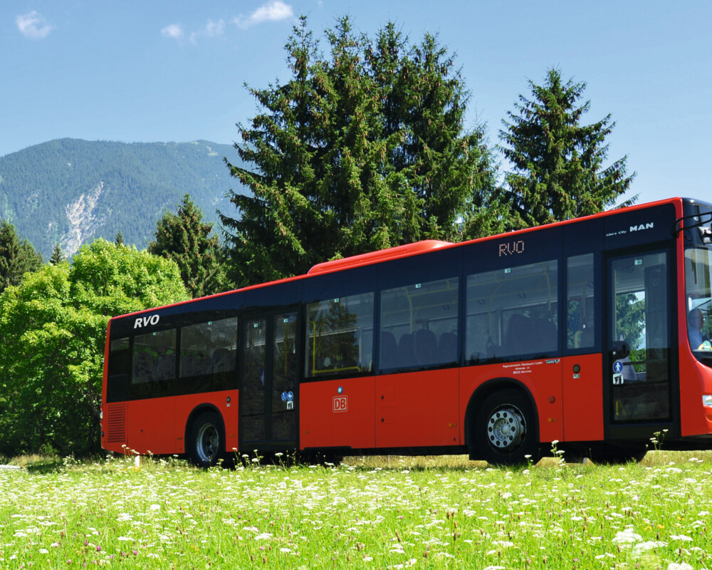 Bergbus in einer Wiesen- und Berglandschaft