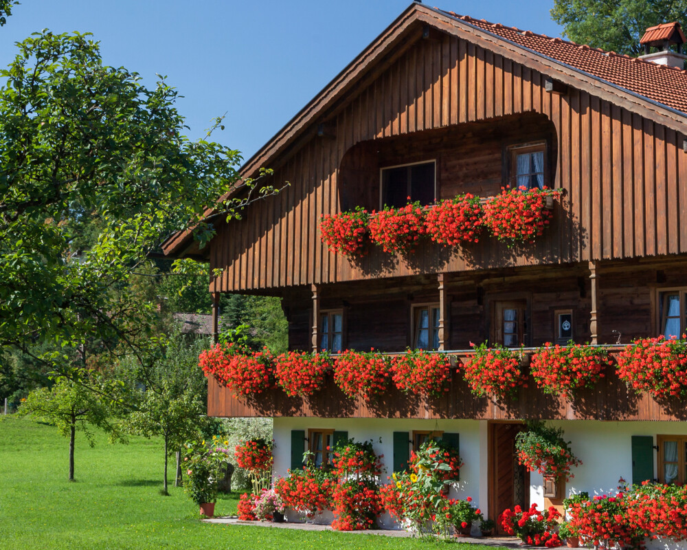 Außenansicht Bauernhaus mit Geranien