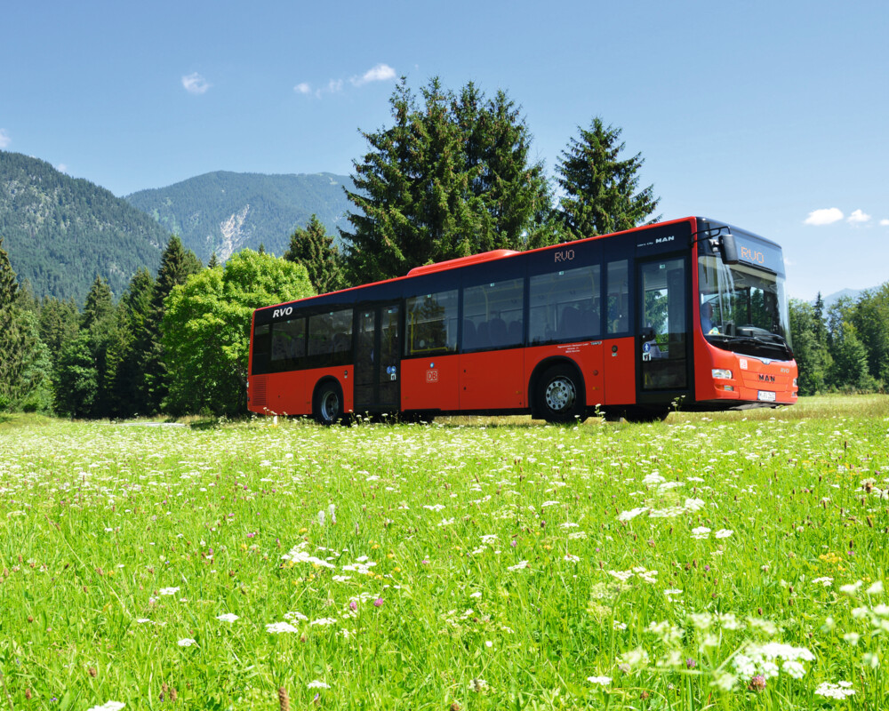 Bergbus in einer Wiesen- und Berglandschaft