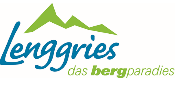 Abgebildet ist das Tourismuslogo von Lenggries. Es besteht aus einer hellgrünen Bergsilhouette und einem dunkelblauen Schriftzug "Lenggries". Darunter ist ebenfalls in hellgüner Farbe der Schriftzug "das bergparadies" abgebildet.